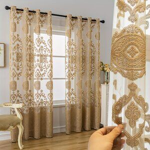 2Panels Vintage Luxe Golden Jacquard Sheer Curtains With Grommet Top